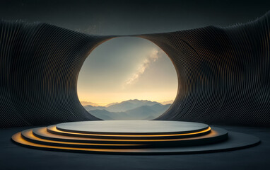 Background of e-commerce product booth with scientific and technological elements in the universe