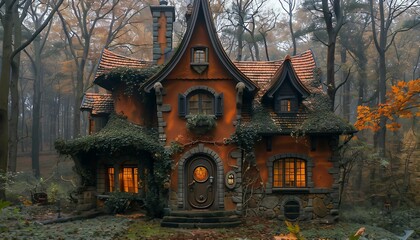 Fototapeta premium Vintage Witch’s Cottage, A charming, old-world witch’s cottage, surrounded by hand-carved pumpkins and lanterns.