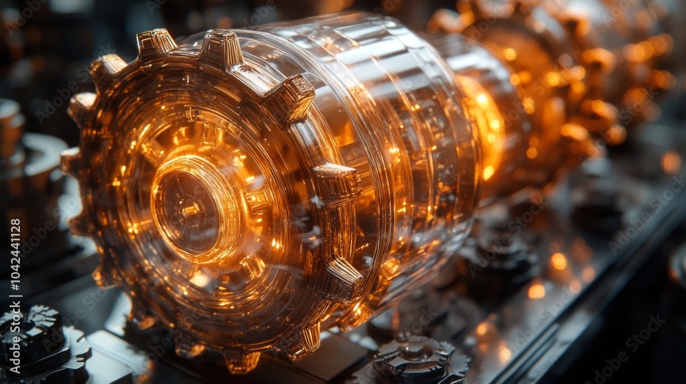 Poster glowing mechanical components with a focus on their intricate designs and craftsmanship are showcase