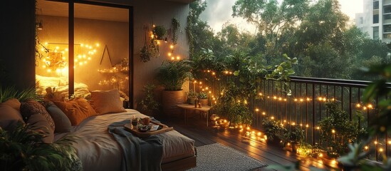 Cozy balcony with string lights, plants and a bed.