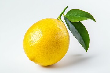 A yellow lemon with a green leaf on top