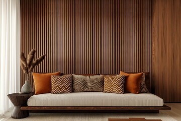 Interior Living Room, Empty Wall Mockup in a Mid-century Modern Living Room With a Sleek Sofa, Geometric Patterned Cushions, 3d Render Real Room Template