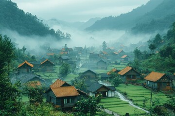 Obraz premium Foggy Mountain Village with Traditional Houses and Lush Greenery