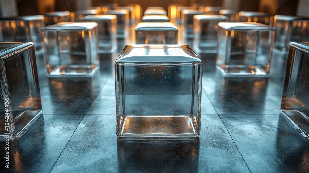 Poster A series of transparent glass cubes is arranged symmetrically on a smooth, dark surface. Soft warm lighting highlights their edges, adding an artistic touch to the display.