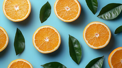 Orange Slices and Leaves Pattern on Blue Background