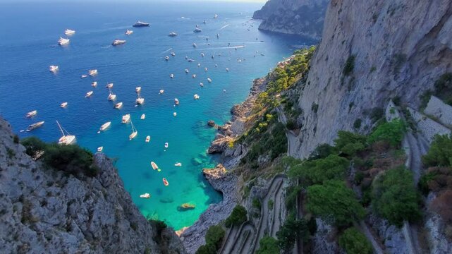 Italy, scenic views of Capri Island and faraglioni from Augustus Gardens.