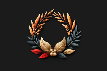 Obraz premium A wreath of leaves and berries is displayed on a black background