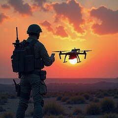 A soldier operates a drone at sunset, showcasing the integration of technology in military operations and surveillance.