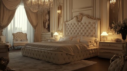 Fototapeta premium Elegant Luxurious Bedroom With Tufted Headboard and Modern Artistic Accents in a Serene Setting. Generative AI
