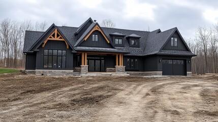 Obraz premium New Luxury Home Construction Showcases Modern Design in a Tranquil Wooded Setting. Generative AI