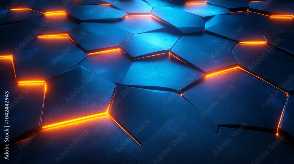 Poster an intriguing hexagonal design features bright orange lines glowing against a dark blue background, 