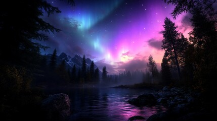Obraz premium A mesmerizing display of the aurora borealis illuminates the night sky above a tranquil lake and mountain range.