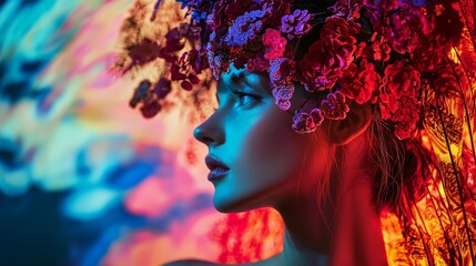 Fototapeta premium Artistic portrait of woman with flowers in dramatic lighting