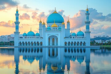 Obraz premium A White Mosque with Blue Domes and Minarets Reflected in a Lake at Sunset