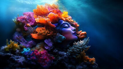 Obraz premium A woman's face emerges from a vibrant coral reef, her eyes closed and lips painted a bold red, bathed in a surreal, underwater light.