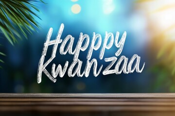 A happy Kwanzaa sign is written in white on a blue background