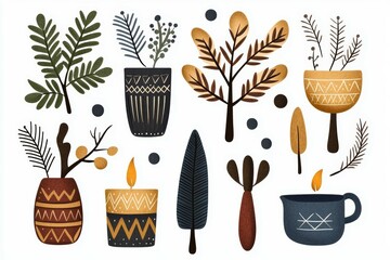 A collection of vases and pots with leaves and flowers, including a candle