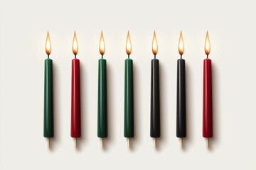 A row of candles with different colors, including black and red, are lit up