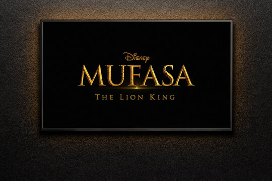 Mufasa The Lion King trailer or movie on TV screen. TV on black textured wall. Astana, Kazakhstan - October 8, 2024.