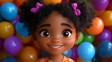 Obraz premium A cheerful animated girl surrounded by colorful balloons.