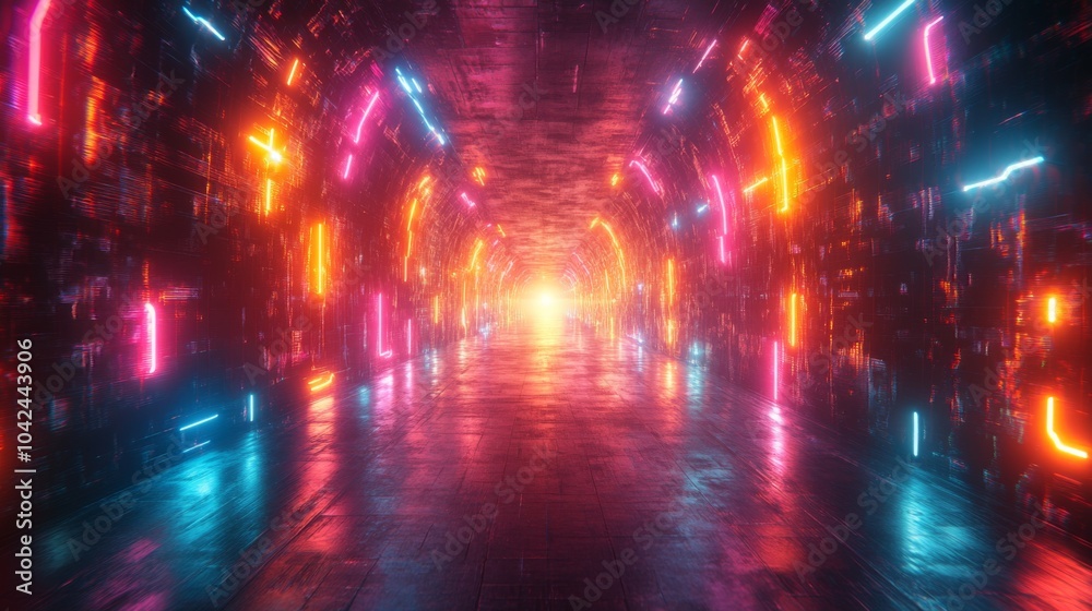 Poster A striking tunnel illuminated by colorful neon lights creates a mesmerizing atmosphere. This futuristic space invites exploration with its vivid patterns and radiant glow.