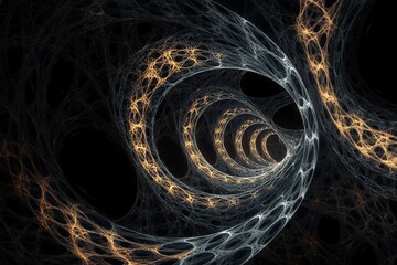 Abstract black background. Featuring a series of intricate, glowing fractal patterns. Showcasing a complex, mathematical beauty. Ideal for scientific visuals and digital art