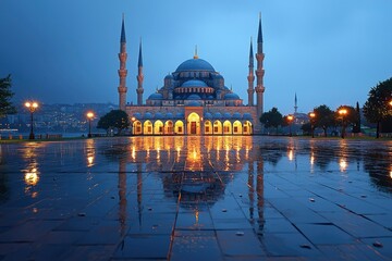 Obraz premium The Blue Mosque Reflected in a Wet Plaza at Twilight
