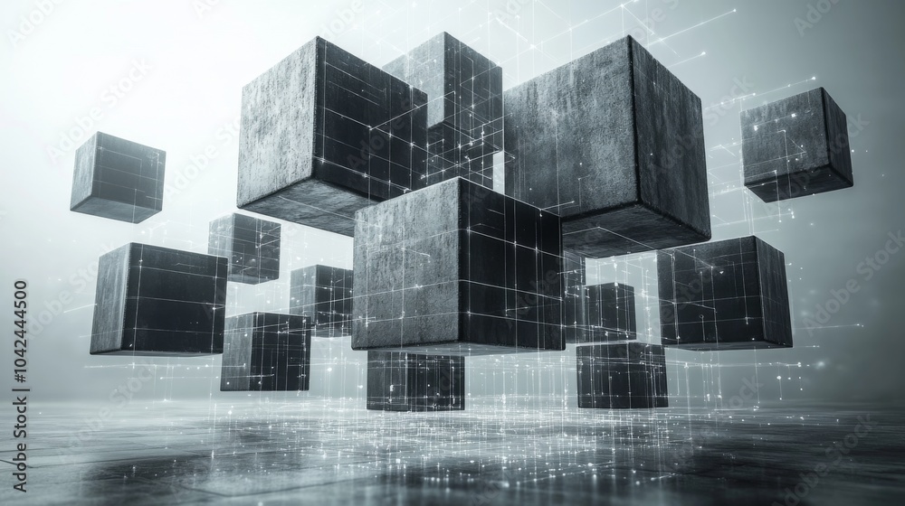 Poster In a modern, high-tech setting, multiple floating cubes are illuminated by an ethereal light, highlighting their intricate surfaces and digital patterns.