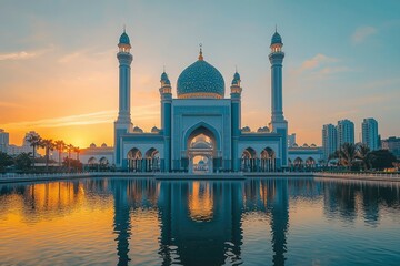 A grand mosque with twin minarets reflecting in a tranquil pond at sunset