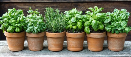 Six potted herbs with green leaves in terracotta pots on a wooden surface.