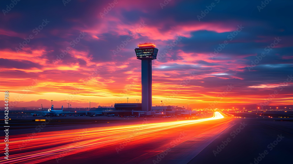 Canvas Prints Sunset view of an airport control tower with light trails.