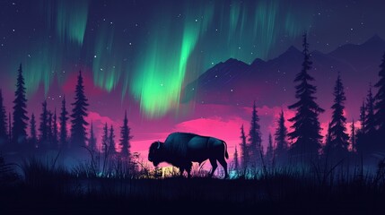A lone bison stands in a forest clearing under a vibrant aurora borealis, with mountains in the background.