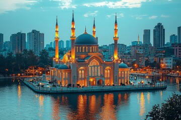 Naklejka premium Illuminated Mosque on a Small Island in a City at Dusk