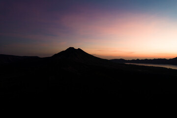 Aerial view of Mount Batur Kintamani Volcano during sunrise