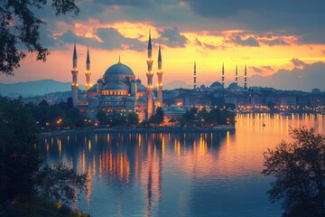 Obraz premium Illuminated Mosque on a Calm Water Surface at Sunset