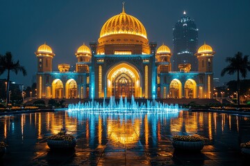 Illuminated Mosque with Fountains at Night