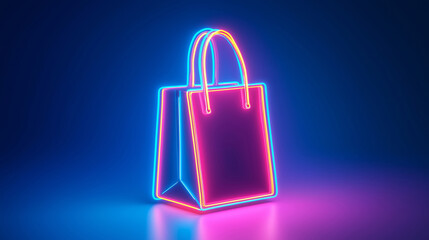 A glowing neon shopping bag illuminated in vibrant colors against a dark background, symbolizing modern retail and shopping experiences.