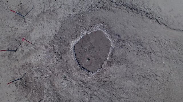 Stunning aerial drone footage of geological formations near Gobustan, part of one of the world's largest concentrations of mud volcanoes, Azerbaijan, Central Asia, Asia