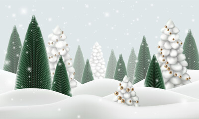 3d snowy white winter background. Snowflakes flow in blue sky to forest landscape. Gold cartoon vector merry cristmas scene, decor pine on hills. Happy new year fir trees with golden xmas ornaments.