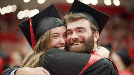 Fototapeta premium Graduates celebrating their achievements with joyful embraces during a university commencement ceremony in a lively auditorium setting.