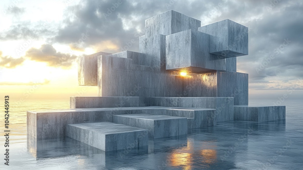 Aufkleber Abstract stone blocks emerge from calm waters, reflecting the warm hues of a sunrise under a cloudy sky, creating a tranquil and surreal atmosphere.