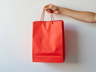 Female hand holding red paper shopping bag on plain white background. Black friday sale shopping concept. Mockup, copy space