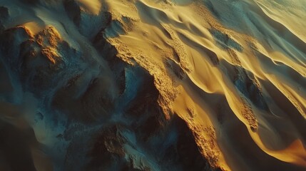 Fototapeta premium Aerial shot of sand dunes at golden hour, with soft curves and deep shadows creating a captivating abstract landscape