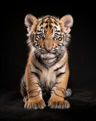 Fototapeta premium the baby Bengal Tiger , portrait view, white copy space on right, Isolated on black Background