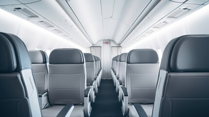 The interior of a commercial airplane cabin, featuring empty seats arranged along the aisle.