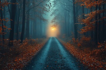 A Misty Forest Path Leading to a Glowing Light