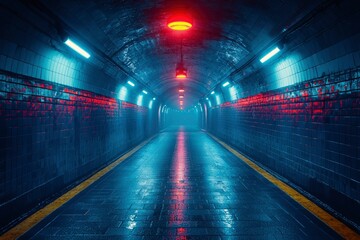 A Wet, Neon-Lit Tunnel with Red and White Lights