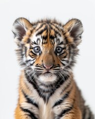 Obraz premium the baby Bengal Tiger , portrait view, white copy space on right, Isolated on white Background