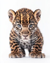 Fototapeta premium the baby East African Jaguar, portrait view, white copy space on right, Isolated on white Background