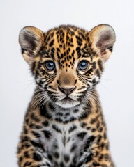 Obraz premium the baby East African Jaguar, portrait view, white copy space on right, Isolated on white Background